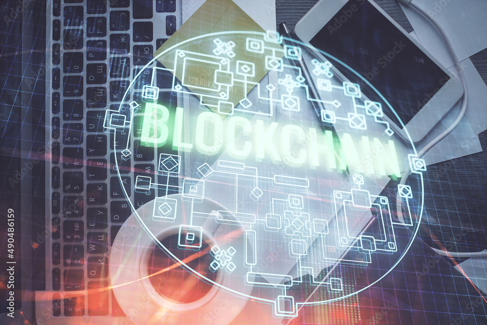 Aufkleber blockchain theme hologram drawings over computer on the desktop background. top view. multi exposure