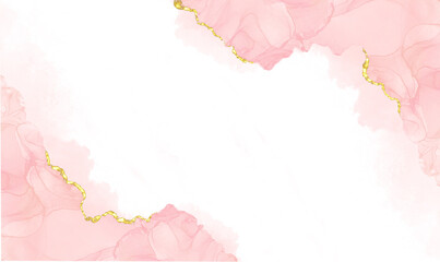 Abstract watercolor or alcohol ink art pink white background with golden crackers. Pastel pink marble drawing effect. llustration design template for wedding invitation,decoration, banner, background.