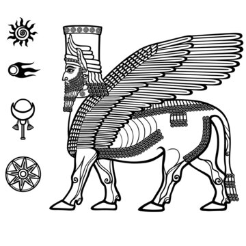 Image of the Assyrian mythical deity Shedu: a winged bull with the head of the person. Character of Sumer mythology. Set of space solar symbols.     Black-and-white vector illustration.