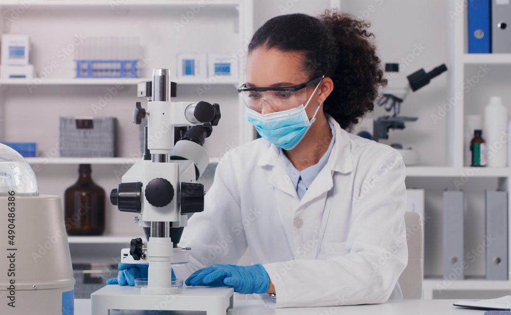 Wall mural investigating the world through science. shot of a young scientist using a microscope in a lab.