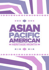 Asian Pacific American Heritage Month in May. Сelebrates the culture, traditions and history of Asian Americans and Pacific Islanders in United States. Vector poster. Illustration with east pattern