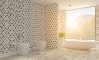 Fototapeta na wymiar Scandinavian bathroom, classic vintage interior design. 3D rendering.. Sunset.