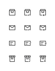 Online shopping and delivery 12 icons set design. Contains such as box, mail, gift, and voucher. Vector illustration.