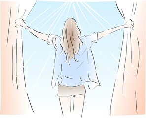 朝起きて朝日を浴びる女性