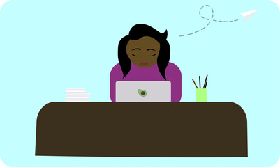 A woman with dark hair works at a laptop in the office,a woman conducts correspondence,does business,works in the office,sends a letter,business correspondence,project execution.