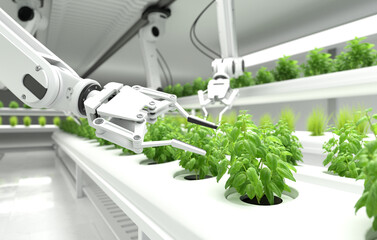 Smart robotic farmers concept, robot farmers, Agriculture technology, Farm automation.