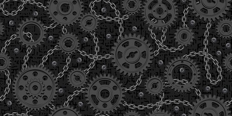 Seamless pattern with black machine gears, chain, rivets on textured background. Low contrast background. Steampunk style