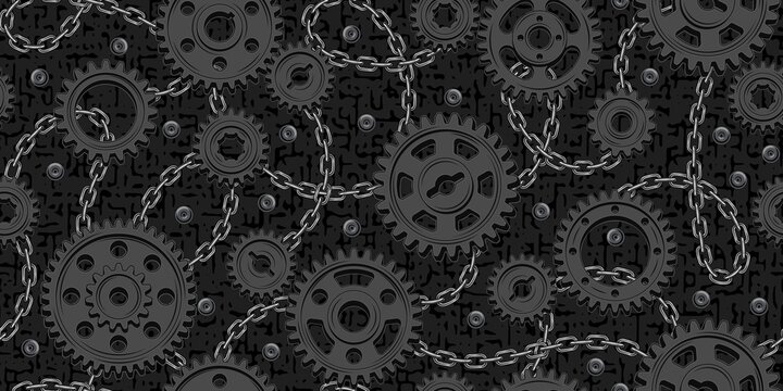 Seamless pattern with black machine gears, chain, rivets on textured background. Low contrast background. Steampunk style