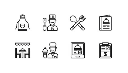 Set of 8 vector illustration restaurant outline icons or symbols. Include apron, chef, food menu, waiter, online order, and bill design graphic.