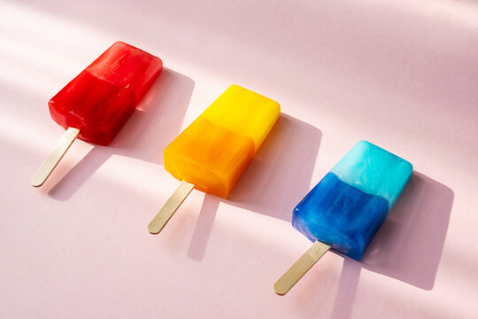 Colored popsicles against multicolores explosion paint. Various bright ice cream. Summer concept.