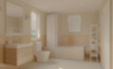 Fototapeta na wymiar Bokeh blurred phototography. Spacious bathroom in gray tones with heated floors, freestanding
