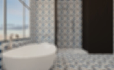 Scandinavian bathroom, classic  vintage interior design. 3D rend. Abstract blur phototography.