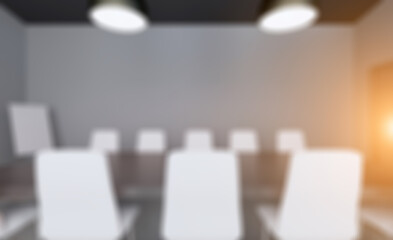 Modern office Cabinet.  3D rendering.   Meeting room. Sunset. Abstract blur phototography.