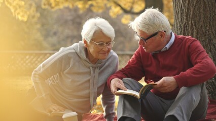 Plakat Senior couple spending their free time in a park, having a picnic, and reading books. High quality photo