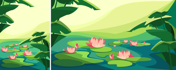 Fototapeta na wymiar Landscape with blooming lotus flowers. Natural scenery in different formats.