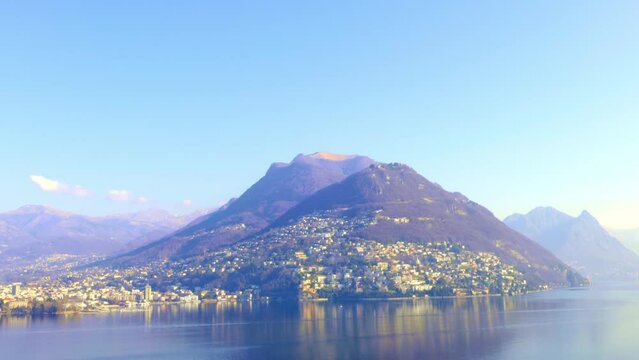 Mountain Peak Monte Bre in Castagnola in City of Lugano with Lake in a Sunny Day in Lugano, Ticino, Switzerland.