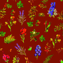 Beautiful repeated Seamless flower garden theme pattern with another floral, botanical and leaf image assets, fall, t-shirts, texture perfect for mugs, fabrics, packaging, POD etc free Vector