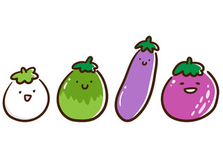 色々な種類のナスのキャラクターのかわいい手書き風イラストセット