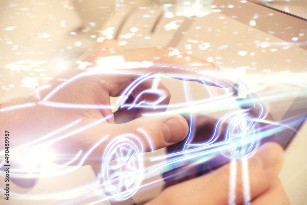 Poster Double exposure of man's hands holding and using a digital device and automobile theme hologram drawing. Technology concept.