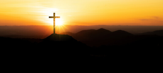 Religious grief landscape background banner panorama - Breathtaking view with black silhouette of...