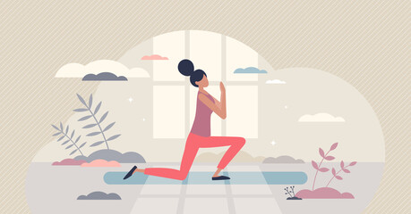 Leg workout activity for athletic and fit female body tiny person concept. Good shape and strength exercise for woman vector illustration. Yoga wellness with cardio and aerobic muscular stretching.