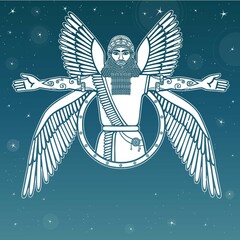 Ancient Assyrian winged deity. Character of Sumerian mythology.  Background - the night star sky.