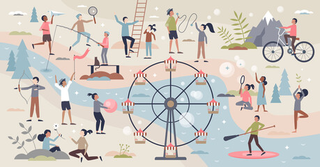 Active kids scenes with happy children activities tiny person collection set. Enjoy sport and play entertainment together with friends vector illustration. Cheerful outdoor playground element assets.