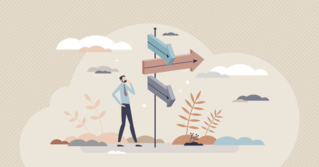 Advice for direction and business or personal solution guidance tiny person concept. Assistance for destination choice and searching for self development path vector illustration. Lost and confused. - obrazy, fototapety, plakaty