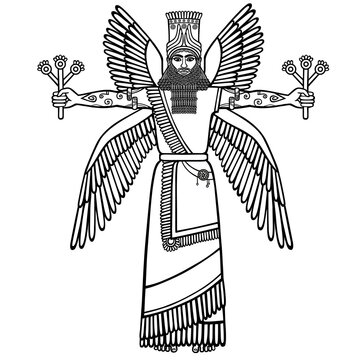 Image of a winged Assyrian deity. Character of Sumerian mythology. Black-and-white vector illustration. Isolated on a white background.