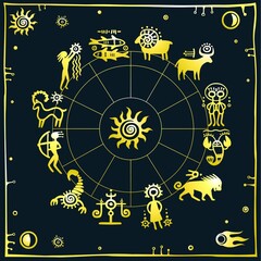 Horoscope circle. Zodiac signs. Dark background. Gold imitation.