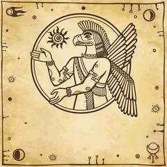 Vector illustration: a silhouette of the Assyrian deity with a body of the person and the head of a bird. Character of Sumerian mythology. Background - imitation of old paper.