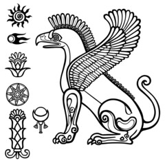 Image of  Assyrian winged animal. Horned lion.  Character of Sumerian mythology. Set of  solar symbols. Llinear drawing isolated on a white background. Vector illustration, be used for coloring book.