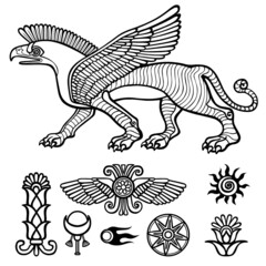 Image of  Assyrian winged animal. Horned lion.  Character of Sumerian mythology. Set of  solar symbols. Llinear drawing isolated on a white background. Vector illustration, be used for coloring book.