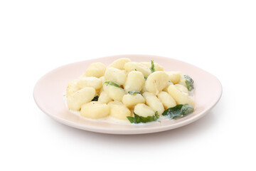 Plate with gnocchi isolated on white background