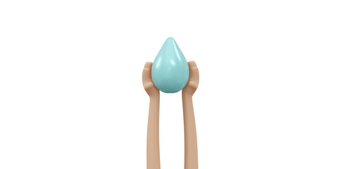 3D Rendering of hand holding water drop concept of world water day. 3D Render illustration cartoon style.