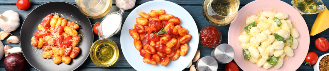 Concept of tasty food with gnocchi, top view
