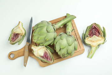 Concept of healthy food with artichoke, top view