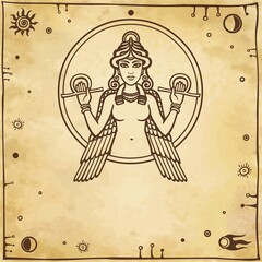stylized goddess Ishtar. A place for the text. Imitation of old paper.