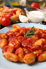 Concept of tasty food with gnocchi, close up