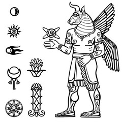 Vector illustration: a silhouette of the Assyrian deity with a body of the person and the head of a bull. Character of Sumerian mythology. Set of space solar symbols.