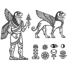 Linear drawing: a mythical animal a winged ram in an image of an animal and in an image of the person (centaur). Set of space symbols. Vector monochrome illustration. Be used for coloring book.