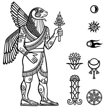 Vector illustration: Assyrian deity with a body of the person and the head of a  ram. Full growth. Character of Sumerian mythology. Set of space solar symbols.