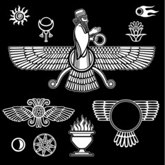 Image of the prophet Farvahar. Set of esoteric symbols. The white silhouette isolated on a black background. Vector illustration.