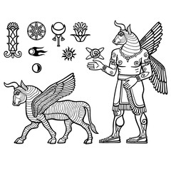 Linear drawing: a mythical animal a winged bull in an image of an animal and in an image of the person (centaur). Set of space symbols. Vector monochrome illustration. Be used for coloring book.