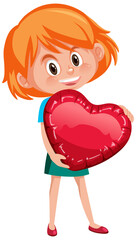 A girl holding a red heart in cartoon style