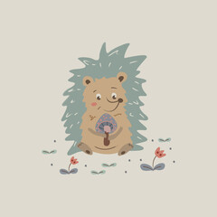 hedgehog with mushroom sits near flowers