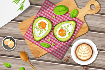 Fototapeta na wymiar Top view food Creamy Avocado Egg Bake with placemat on wood plate on wood background