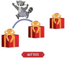 Prepostion wordcard design with raccoon and boxes