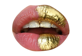 Lip Icon. Cosmetics and make-up. Gold lips lipstick and gloss. Sexy and sensual lips. Golden lips closeup.