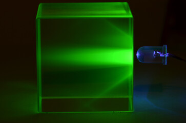 Light from UV-LED passes through a block of uranium glass
